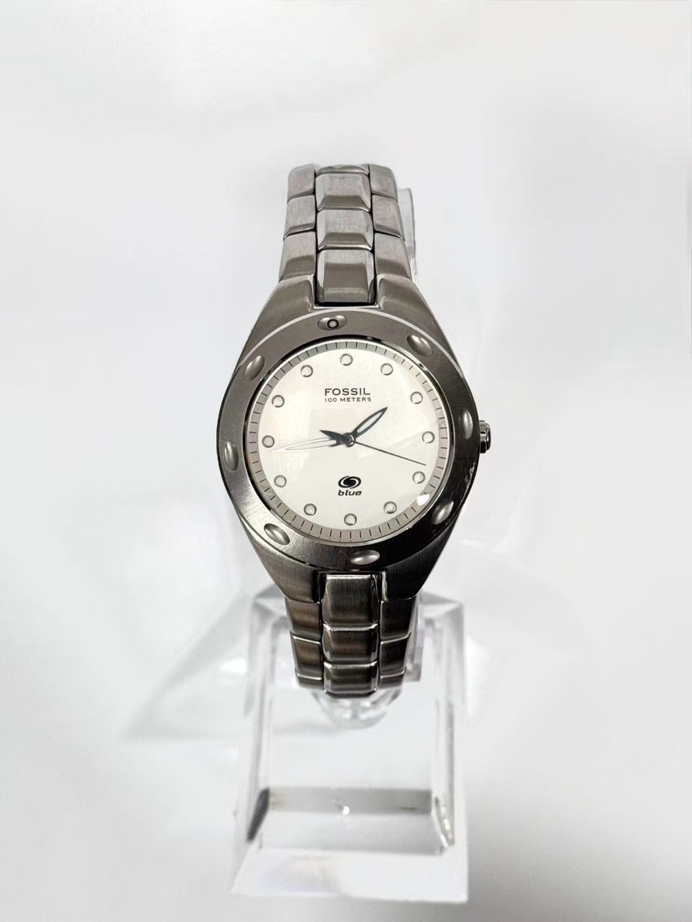 Fossil Blue Women Quartz Watch 34mm White Dial Stainless Steel New Battery Runs